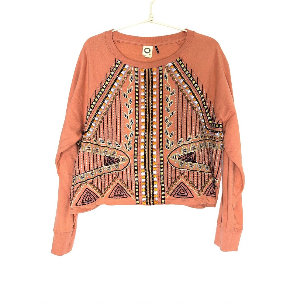 Akemi + Kin Anthropologie Boho Embroidered Crop pullover Tribal Festival Top M